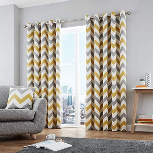 Fusion - Chevron - 100% Cotton Pair of Eyelet Curtains - 90 Width x 72 Drop (228 x 228 cm) in Ochre