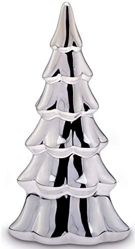Deko Tannenbaum 20 cm mittelgroß - Porzellan Weihnachtsbaum Figur Silber galvanisiert & poliert, Festliche Winterdeko mit Struktur für Fensterbank, Sideboard & Empfang