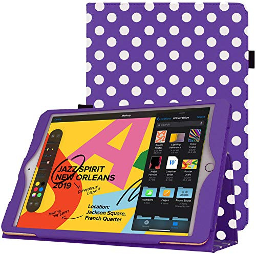 TECHGEAR Leather Case for Apple iPad 10.2 2021/2020 / 2019 [9th / 8th / 7th Generation] Premium PU Leather Slim Folio Case Cover with Stand, Hand Strap & Auto Sleep/Wake Function [Purple Polka]
