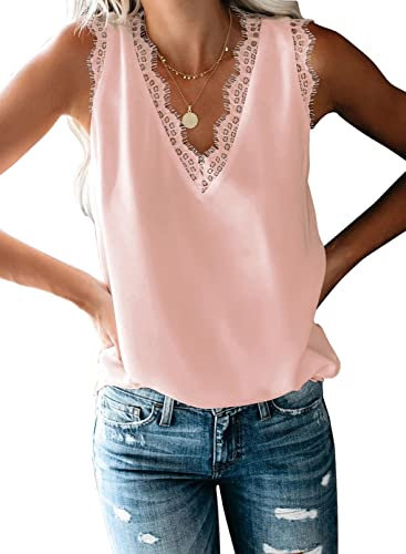 Uusollecy Débardeur Femme en Dentelle Top Chic et Élégant pour l'Été avec Col en V et sans Manches,Rose,XL
