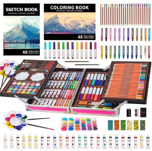 KINSPORY Maletin Pinturas para Niños, 139 piezas Juegos de Dibujo, Acuarelas Lapices con caja de madera (Rosa)