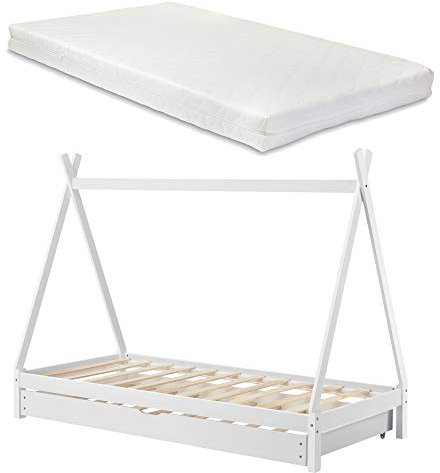 [en.casa] Kinderbett Cree mit Ausziehbett und Matratze 90x200cm Tipi Indianer Bett mit Kaltschaum-Matratze ÖKO-Tex Standard 100 Gästebett Natur Holz