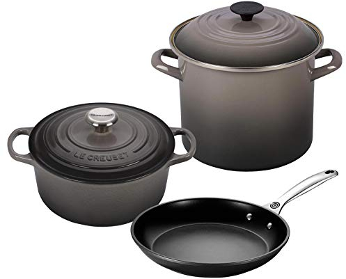 Le Crueset 5-Piece Oven and Stovetop Cookware Bundle with 4-1/2 QT Round Dutch Oven, Le Creuset 8 QT Covered Stockpot, and Le Creuset 10 Toughened Nonstick Pro Fry Pan - Oyster