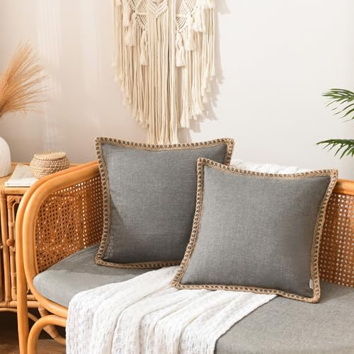 NordECO HOME 2er Set Kissenbezug 45x45 cm Grau Deko Kissen Leinen mit Verstecktem Reißverschluss Kissenhülle Dekorative Sofakissen für Sofa Schlafzimmer