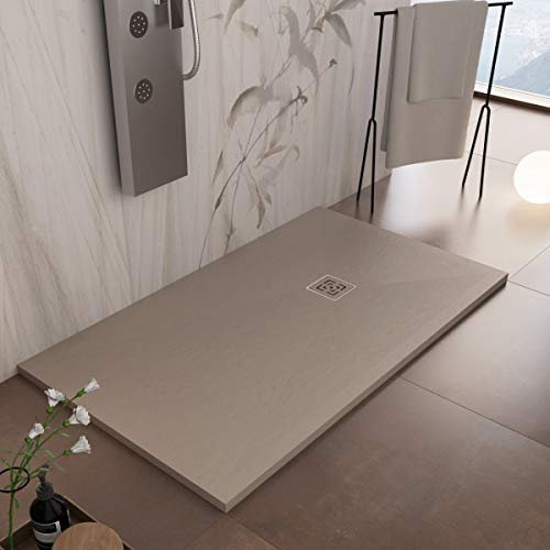 Essence ArredoBagno Receveur de douche en résine 130 x 90 cm, effet pierre, antidérapant avec gelcoat, modèle Rome Moka, grille et bonde incluses.