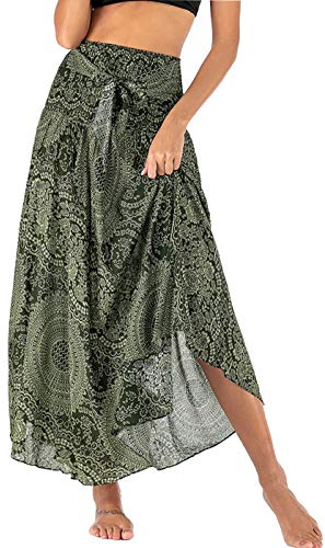FEOYA Rock Boho Lang Damen Sommerrock Maxi Rock Hohe Elastische Taille Strand Hippie Rock Gedruckt Blumen Bohemian Strandrock Strandkleid Urlaub Rock Blumenmuster Floral A Linie Grün Sommerkleid Gypsy