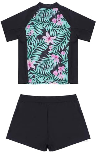 Doomiva Tankini Enfant Fille Maillot de Bain 2 Pièces Anti-UV Bikini de Plage T-Shirt Haut de Bain Floral Short de Bain Ensemble de Sport Surf Natation Survêtement 3-16 Ans