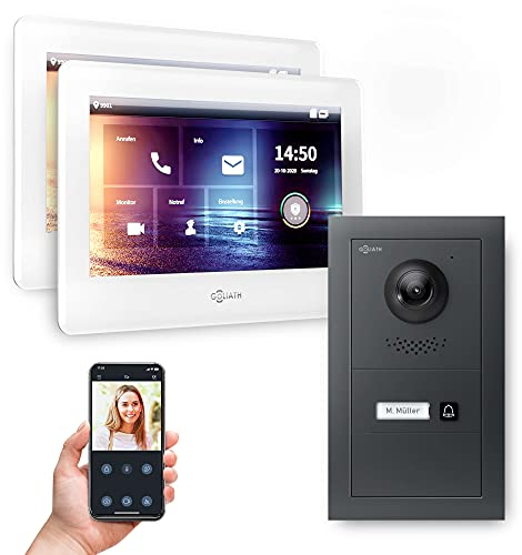 Goliath Hybrid | 2-Draht | Full-HD Video Türsprechanlage | App | 1-Fam | 2 x Full-Touchscreen 7 | Aluminium Unterputz Türstation | + Blanko Modul | 180° Ultra-Weitwinkel | AV-BUS-601