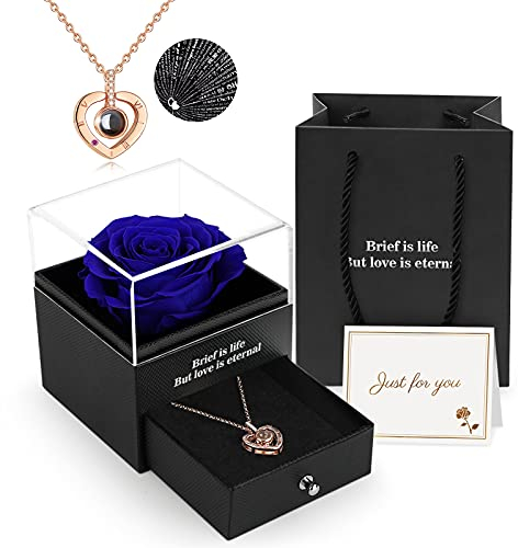 ADAZ Rose Eternelle avec Bijoux, Fleur Eternelle Coffret Rose Éternelle avec I Love You Collier, Idee Cadeau Femme, Cadeaux pour Femme pour Anniversaires, Noel, Saint Valentin, Fete des Meres