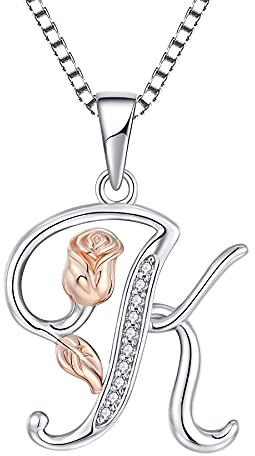 starchenie Alphabet Rose Halskette Buchstabe K Halskette Zirkonia Anhänger 925 Sterling Silber Halskette für Damen