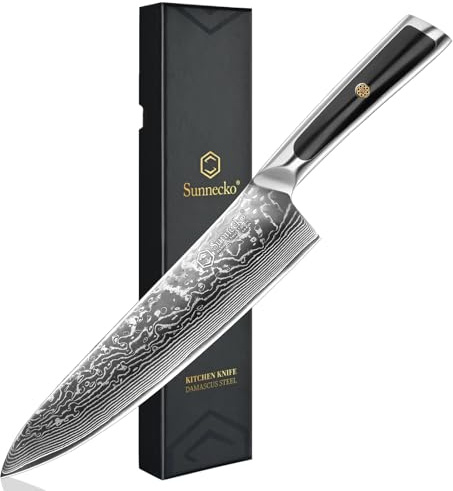 Sunnecko 8 Inch Japanese Damascus Chef Knife - Ultra Sharp 10-12 Degree Edge VG10 67 Layers Kitchen Cooking Knives for Meat, Vegetable & Fruit, Full Tang Forged Blade, Premium Father Day Gift Box