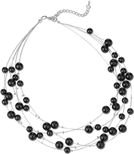 FULU AUTUMN Layered Pearl Necklace Beaded Silver Choker Handmade Boho Statement Costume Necklaces Fashion Jewellery Gifts for Women(Black)