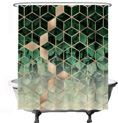 Ulticool Duschvorhang -Geometrisches Grün Natur Gold Luxus - 180 x 200 cm – Anti Schimmel - Waschbar – Wasserdicht - mit 12 Ringe