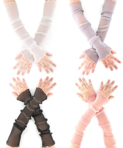4 Paar Armstulpen Sommer Damen Lange Fingerlose Handschuhe Schmale Spitzenhandschuhe Cooles Netz Tüll UV Schutz Fingerlose Ärmel für Party und Outdoor Sportarten