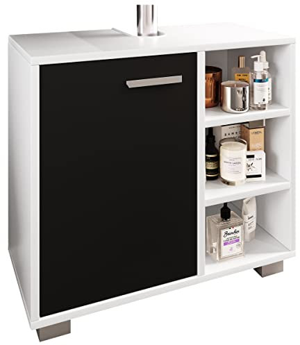 VCM Holz Waschbeckenunterschrank | Badschrank | Maße: H. 58 x B. 60 x T. 30 cm | 1 Drehtür | 3 kleine offene Regalfächer - Zalo L