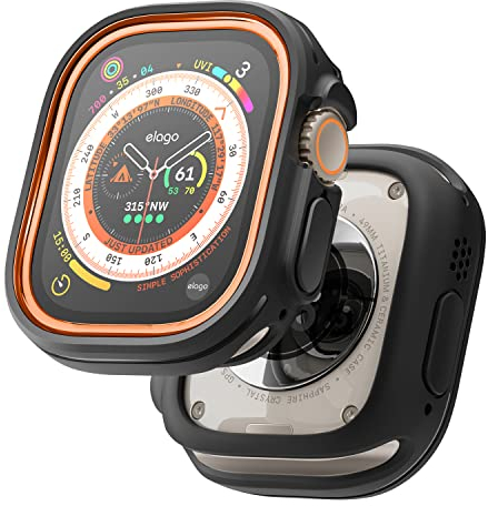 elago Custodia Duo Compatibile con Apple Watch Ultra, Protezione Completa(PC + TPU),Accesso Completo allo Schermo, Due PC inclusi. Cinturino non incluso (TPU:Nero/PC: Arancione,Nero)