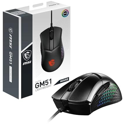 MSI CLUTCH GM51 LIGHTWEIGHT Gaming Mouse - 26000 DPI Optical Sensor, Elite 0.125ms Latency, 60M+ Click OMRON Switches, 6-Buttons, FriXionFree Cable, RGB Diamond LightGrips, 75g - Wired