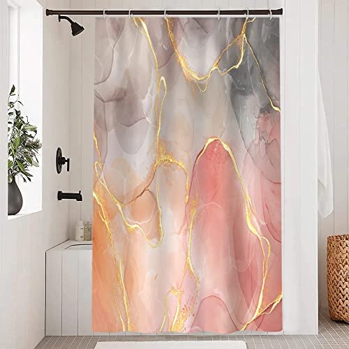Uiiooazy Rideau Douche Anti Moisissure, Rideau de Douche 120x200cm Rose Effet Marbre Gris Jaune Rideaux de Baignoire Tissu Lavable Imperméable Polyester Rideaux Salle de Bain avec 8 Crochets