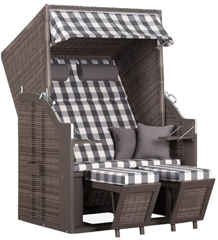 Yoursol by Devries Strandkorb Pure Standard 478, PE, grau-weiß kariert, Breite 120 cm, Pinienholz, Ostsee, Halblieger