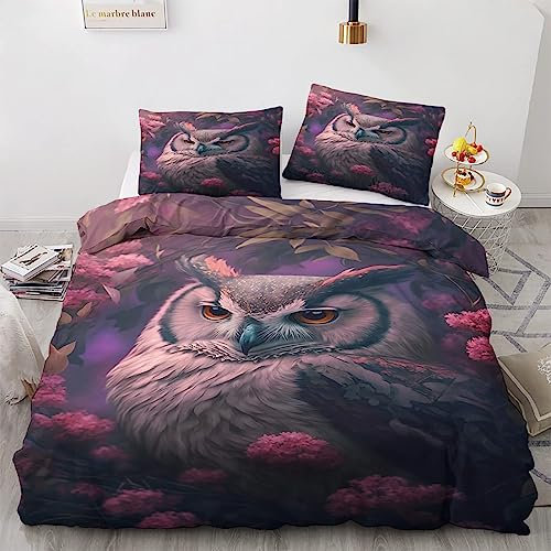 Bettwäsche 155x220cm Eule Bettbezug Set 3 Teilig Süßes Eulenmuster Einzelbett Bettbezug Weiche Microfaser Wendebettwäsche Mit Reißverschluss und 2 Kissenbezug 80x80cm
