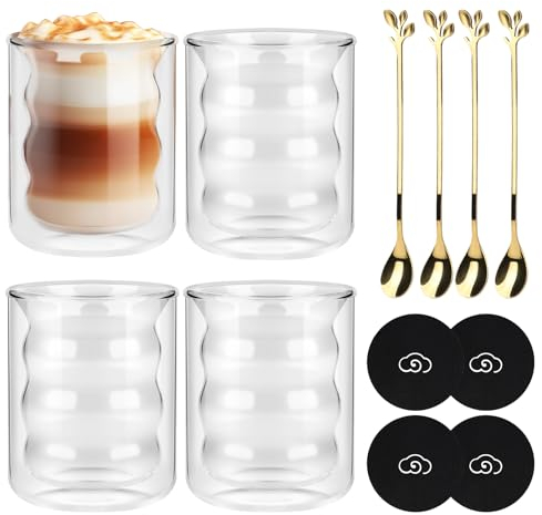 CPROSP 4 * 200ml Tasse à Café Double Paroi, Verre à Double Paroi pour Café Latte avec 4 Cuillère + 4 Sous-Verre, Tasses à Café en Cristal Résistantes à la Chaleur