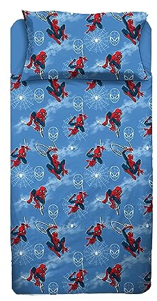Spiderman, Bettlaken für Einzelbett, Bettlaken, Spannbettlaken, Kissenbezug, Blau, Marvel Disney, 100% Baumwolle, offizielles Produkt