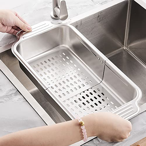 Colador para fregadero de cocina, 44 x 21 x 8 cm, extensible colador de colocación en el fregadero de acero inoxidable, cesta para fregadero de cocina para escurrir pasta cocida, lavar verduras y