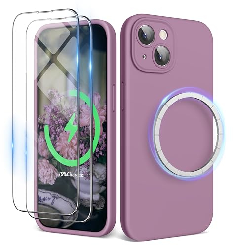 SURPHY Cover Magnetica Silicone per iPhone 15 con 2*Vetro Temperato(6.1''), Compatibile con MagSafe Accessori, Custodia per iPhone 15 Antiurto Protettiva Case con Fodera in Microfibra, Viola lilla