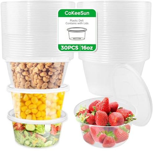CoKeeSun 30 Piezas Tarros de Plastico con Tapa Pequeños, 450ml Tarrinas de Plastico Redondas, 16oz Envases para Alimentos, Reutilizables Vasos Plastico para Salsas Condimentos Cremas Ingredientes