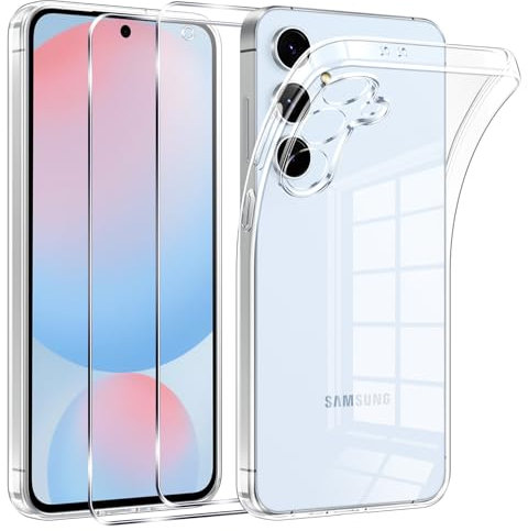 Phoona Coque pour Samsung Galaxy S24 FE 5G avec 2 Pièces Protection Écran en Verre Trempé,Ultra Transparente Silicone en Gel TPU Souple pour Samsung S24 FE Couqe,Antichoc Anti-Jaune Etui Bumper