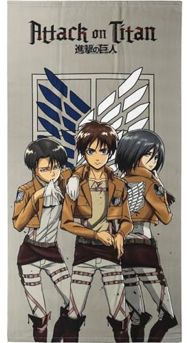Attack on Titan Kinderhandtuch, Grau, 70 x 140 cm, aus 100 % Polyester, 240 g/m², kleines Handtuch mit Aufdruck von Mikasa, Eren und Levi, Originalprodukt, entworfen in Spanien