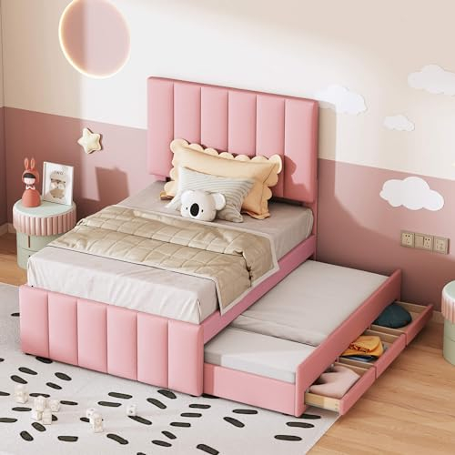 HYUB Cama tapizada de 90 x 200 cm con cajones de almacenamiento y somier de láminas, cama individual con respaldo y cama nido, cama de casa para niños y niñas, sin colchón, color rosa