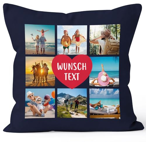 SpecialMe® Kissen-Bezug mit Foto Fotocollage bis zu 8 eigene Bilder Wunschtext Geschenk personalisierbar Baumwolle Navy Standard