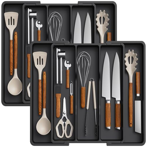 Lifewit 2er-Set Besteckkasten für Schubladen, Großer Utensilienständer Erweiterbar auf 57 cm, Küchenutensilienhalter Tiefe 38 cm, Kunststoff Besteckhalter Küche Organizer für Messer/Gabel, Schwarz
