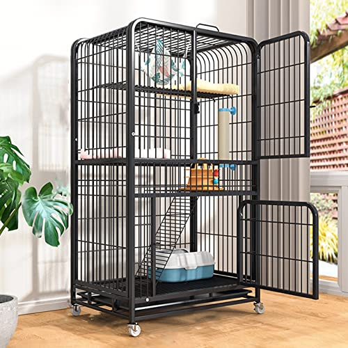 FZZIBQYR Katzenkäfige für den Innenbereich, groß, Katzenhütte, Frettchenkäfig, Chinchillakäfig, Kleintierkäfige mit Rädern und Leiter, großer 4-stöckiger Katzenkäfig aus Draht, mit 2 Vordertüren, für