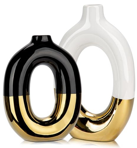 Hollyone 2PCS Donut Ceramic Vase Set for Pampas Grass - 7.9''/9.3'' White Black Gold Decorative Dried Flower Home Decor, Aesthetic Ornament for Living Room, Bedroom, Kitchen