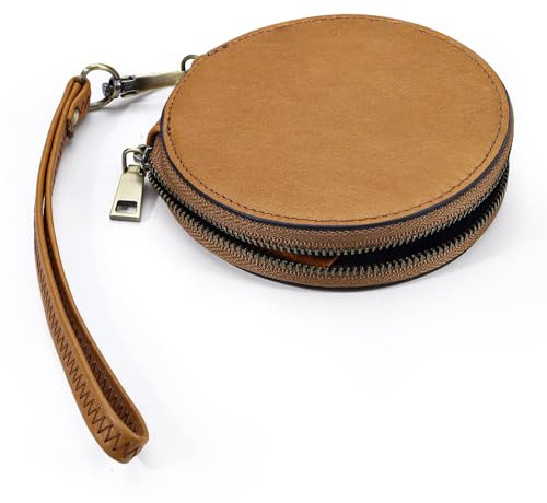 LELE LIFE Porte-monnaie en cuir véritable avec dragonne, petite pochette à fermeture éclair, porte-monnaie rond léger pour femme, marron, Rétro