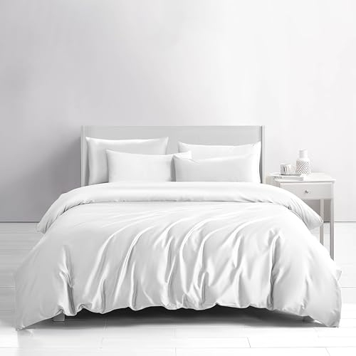 FIREYA Premium Bettwäsche 200x200-100% Baumwolle Satin - ÖKO-Tex Zertifiziert - Bettbezug-Set Decke Kissen Bezug Cover Bett Kissenbezug Deckenbezug Bedding Duvet Weich Einfarbig Weiß