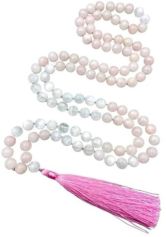 INFINITY GEMS Natural AAA Selenite & Rose Quartz 108 Beads Mala Necklace 6mm Knotted Healing Tassel Necklace-Spiritual Protection Meditation Mental Health Japa Mala