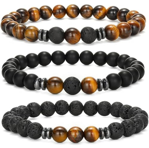 LOCCY Perlenarmband Herren, 3 Stück 8mm Perlenarmbänder Set Stretch Tigerauge Armband Lavastein Perlen Armband für Männer Fraun für Geburtstag Vatertag Weihnachten Geschenke (Gelb Tigerauge+Lavastein)