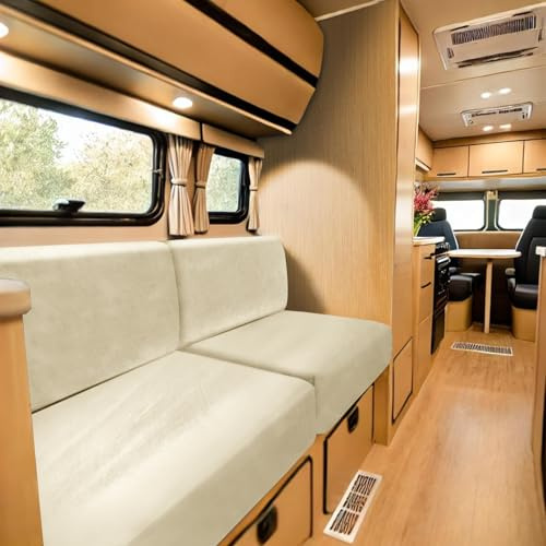 SYLC Stretch Caravan Seat Covers, Non-slip Motorhome Seat Covers for Lounge with 2 Straps, Velvet Sofa Cushion Covers for Couch Camper Bench (beige,Rectangle XL)