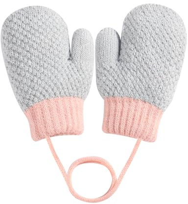 MELLIEX Moufles Enfant, Bébé Chaud Hiver Gant Tricoté, Doux Mignon Moufle avec Cordon pour 0-3 Ans Fille Garçon,Gris
