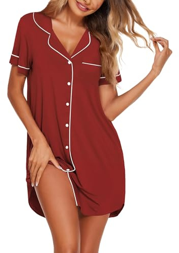 Ekouaer Nighties for Women Button Down Nightdress, 9-Red, S