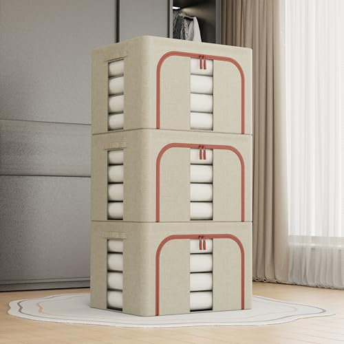 3Pcs Clothes Storage Bins,66L Beige Cloth Storage Boxes with Metal Frame,Foldable Fabric Bins Organizer for Clothes,Stackable Openings Cloth Storage Bin with Lid,Clear Windows,Zippers,Durable Handles