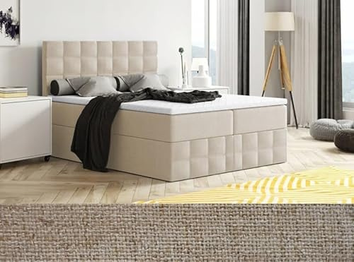 Generisch Moderne Boxspringbett MERA Premium Bett mit Bettkasten Ziernähten Bonell Matratze H3 Federkern Topper Polsterbett Doppelbett Schlafzimmer (Beige: Aura 01, 160 x 200 cm)