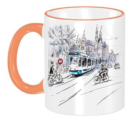 KDWJS Tasse Keramik Kaffeetassen Große 11oz Tassen 330ml Trinkgläser Mit Griff Personalisierte Geschenk Weiß,Stadtansicht einer typischen Amsterdamer Straße mit Radfahrern und Straßenbahn, Holland, N