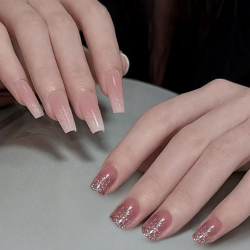 KEYRI 48 Pcs Natural Gradient Pink Fake Nails Glossy Full Cover Stick on Manicure Kit Press on Nails Gradient Stick on French False Nail Art Accessories (Pink, Medium)