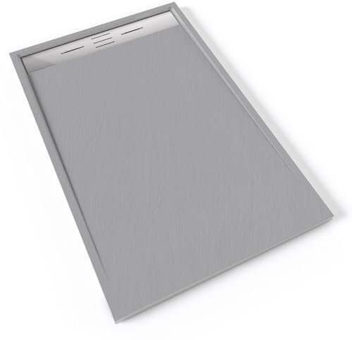 HIEMAL INOX Receveur de douche 90 x 140 cm résine Gris aspect ardoise + bonde inox incluse - Salle de bain