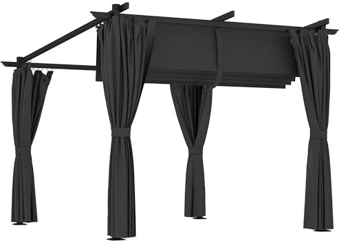 Outsunny 3 x 3(m) Metal Pergola with Retractable Roof and Sidewalls, Garden Gazebo UPF30+ Sun Shade Shelter for Outdoor, Patio, Deck, Dark Grey