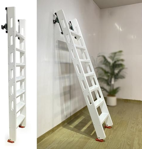 EXCLURA Dachbodentreppe Dachbodentreppe mit Gleitschiene, rutschfeste Etagenbettleiter zum Erklimmen von Dachbodenstufen, Dachbodentreppe mit Winkelverstellbaren Gummifüßen(White,6 Step-1.82m(6.0ft))